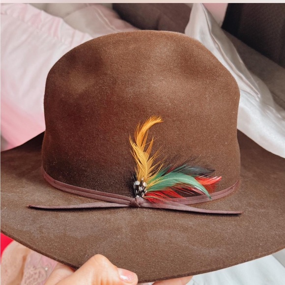 Stetson Accessories - Brown Stetson Hat with Colorful Feather Accent 3X Rancher
